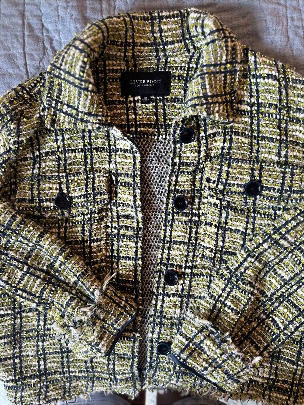 NWOT Liverpool Woven Tweed Button-Front Jacket in Olive Plaid